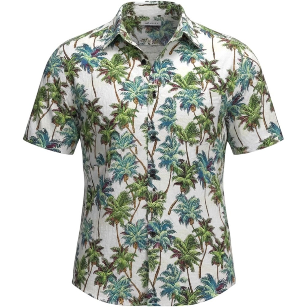 Vatpave Mens L Hawaiian Shirt White Palm Tree Print‎ Tropical Holiday Button Up